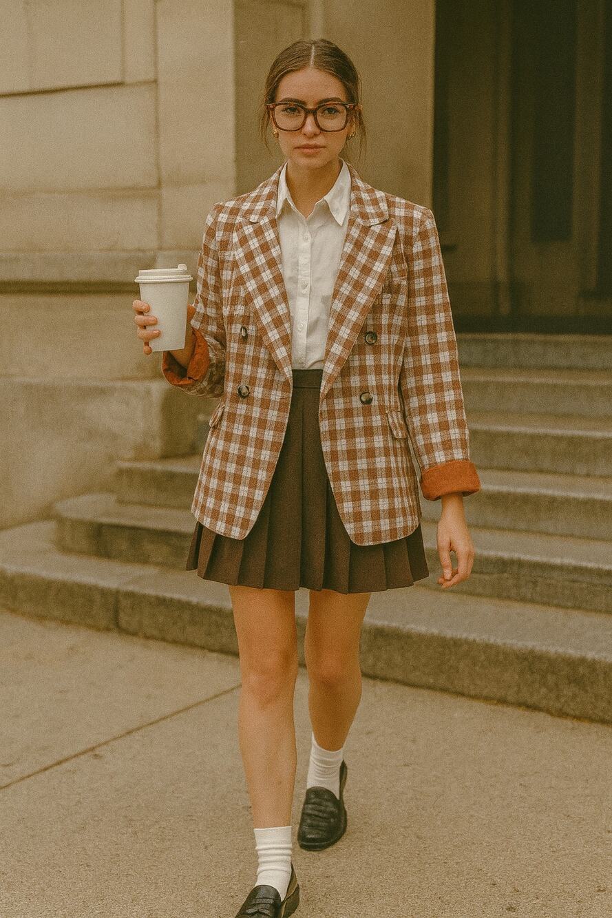 Nine West Checkered Brown Plaid Blazer Espresso Officewear XS — Double-Breasted